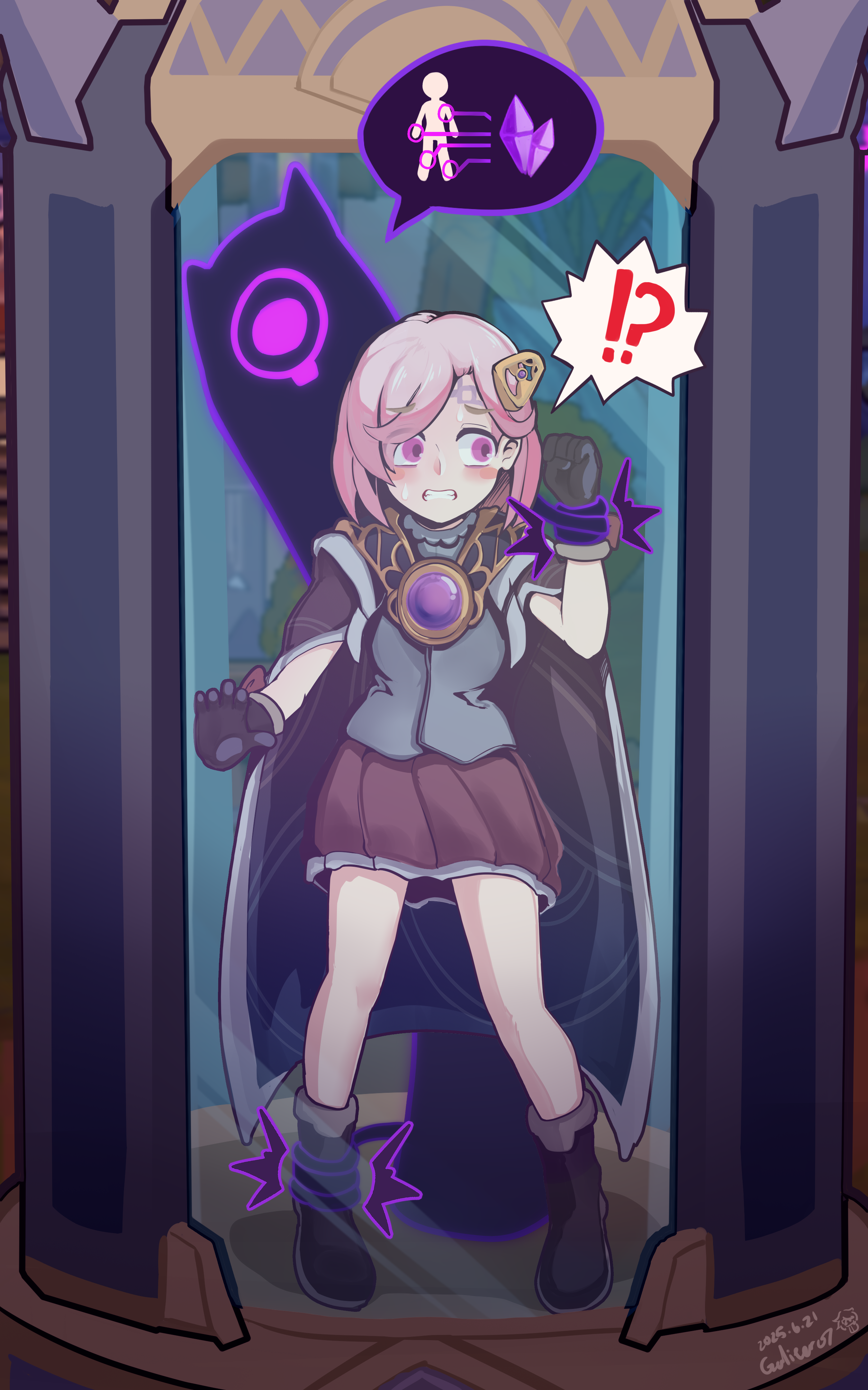 galiter, original, absurdres, highres, !?, clenched teeth, facing viewer, looking to the side, pink eyes, pink hair, solo, speech bubble, standing, straight-on, teeth