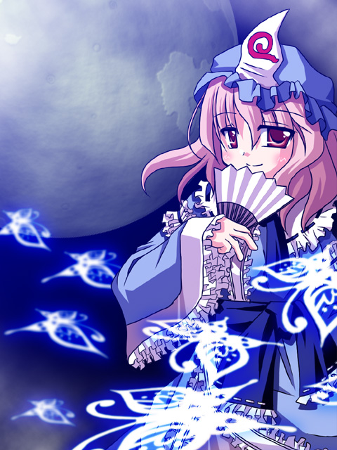 khmix, saigyouji yuyuko, touhou, 1girl, bug, butterfly, female focus, gradient background, hand fan, hat, insect, looking at viewer, pink hair, red eyes, solo