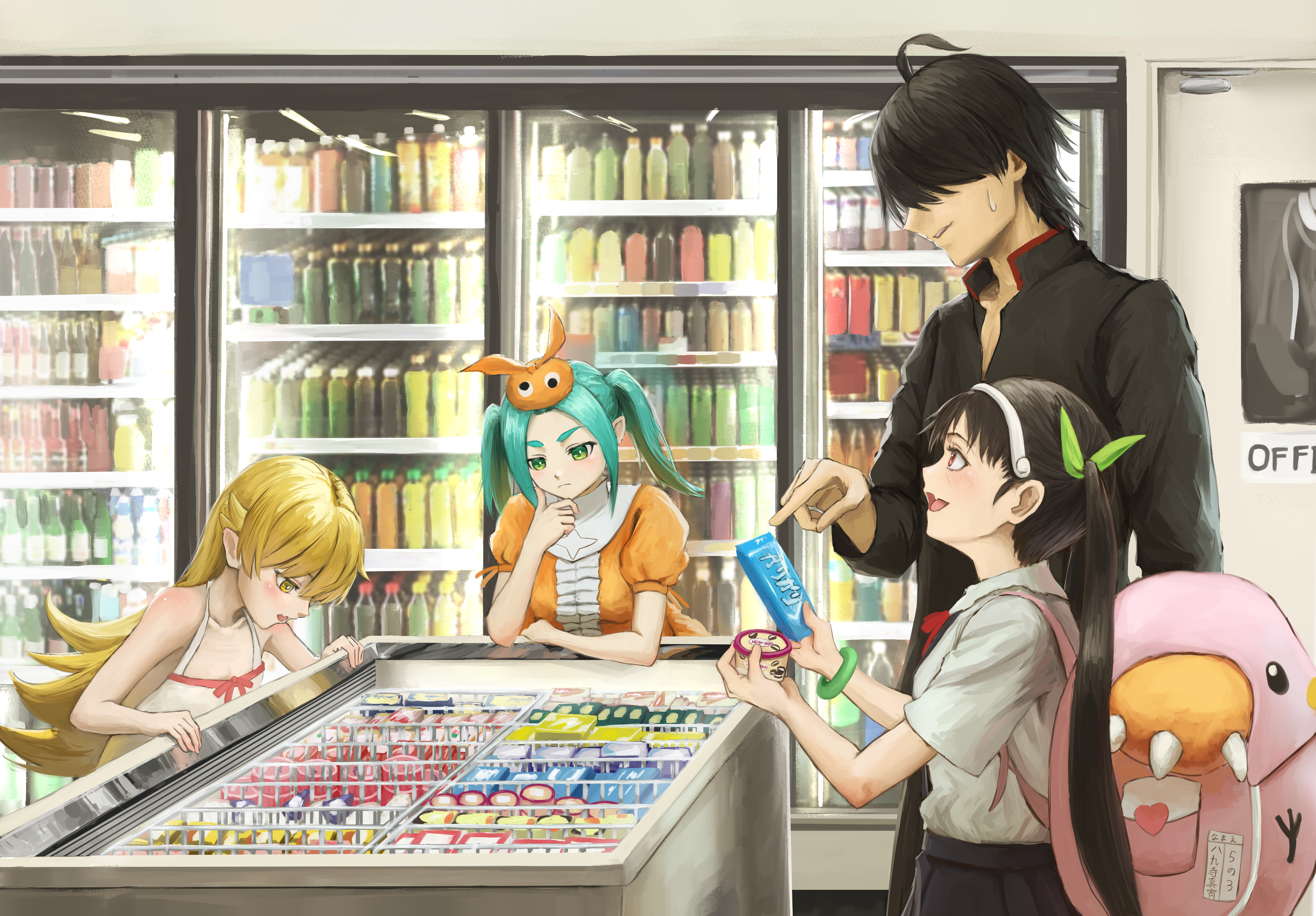 ryo (r9030397), araragi koyomi, hachikuji mayoi, ononoki yotsugi, oshino shinobu, monogatari (series), absurdres, highres, 1boy, 3girls, ahoge, aqua hair, arm rest, backpack, bag, bare shoulders, black hair, black pants, black shirt, black skirt, blonde hair, blush, bracelet, center frills, covered eyes, dress, elbow rest, fang, food, frills, glass door refrigerator, googly eyes, green ribbon, grocery store, hair over eyes, hair ribbon, hairband, hand on own chin, hat, holding, holding food, holding ice cream, ice cream, ice cream tub, indoors, jewelry, long hair, long sleeves, multiple girls, naoetsu high school uniform, open mouth, orange dress, orange hat, pants, parted lips, pink bag, pointing, puffy short sleeves, puffy sleeves, red eyes, ribbon, school uniform, shirt, shirt tucked in, shop, short hair, short sleeves, sidelocks, skin fang, skirt, sleeveless, sleeveless dress, slice of life, smile, stroking own chin, suspender skirt, suspenders, sweatdrop, thick eyebrows, thinking, twintails, white dress, white hairband, white shirt, yellow eyes