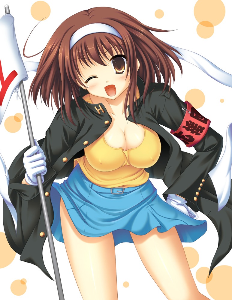 uehiro, suzumiya haruhi, suzumiya haruhi no yuuutsu, translation request, 00s, 1girl, armband, breasts, brown hair, cleavage, covered erect nipples, female focus, large breasts, one eye closed, short hair, solo, wink