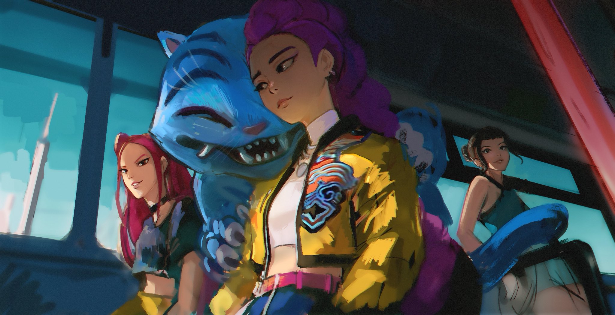 art of papayou, derpy (kpop demon hunters), mira (kpop demon hunters), rumi (kpop demon hunters), zoey (kpop demon hunters), kpop demon hunters, commentary, english commentary, highres, 3girls, ^ ^, black hair, braid, braided ponytail, choker, closed eyes, cowboy shot, crop top, double bun, hair bun, jacket, long hair, multiple girls, pink hair, purple hair, sidelocks, smile, tiger, turtleneck, yellow jacket