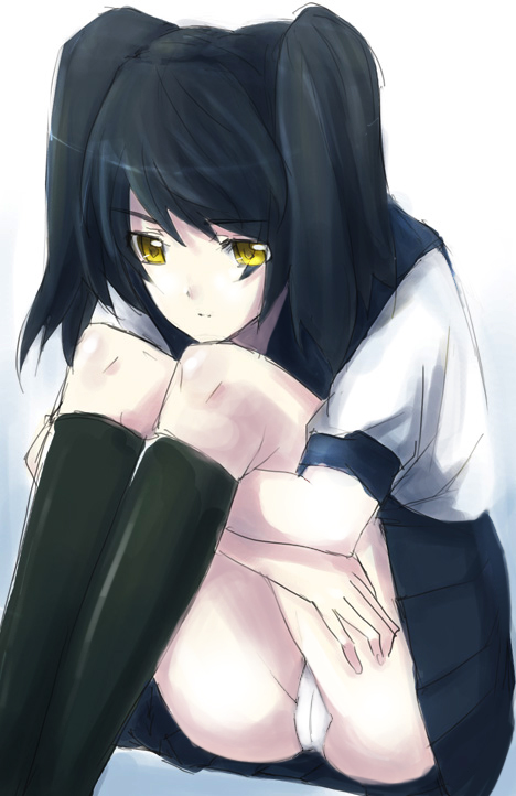 black hair, kneehighs, legs, panties, pantyshot, school uniform, serafuku, sitting, socks, thighs, twintails, underwear, yellow eyes