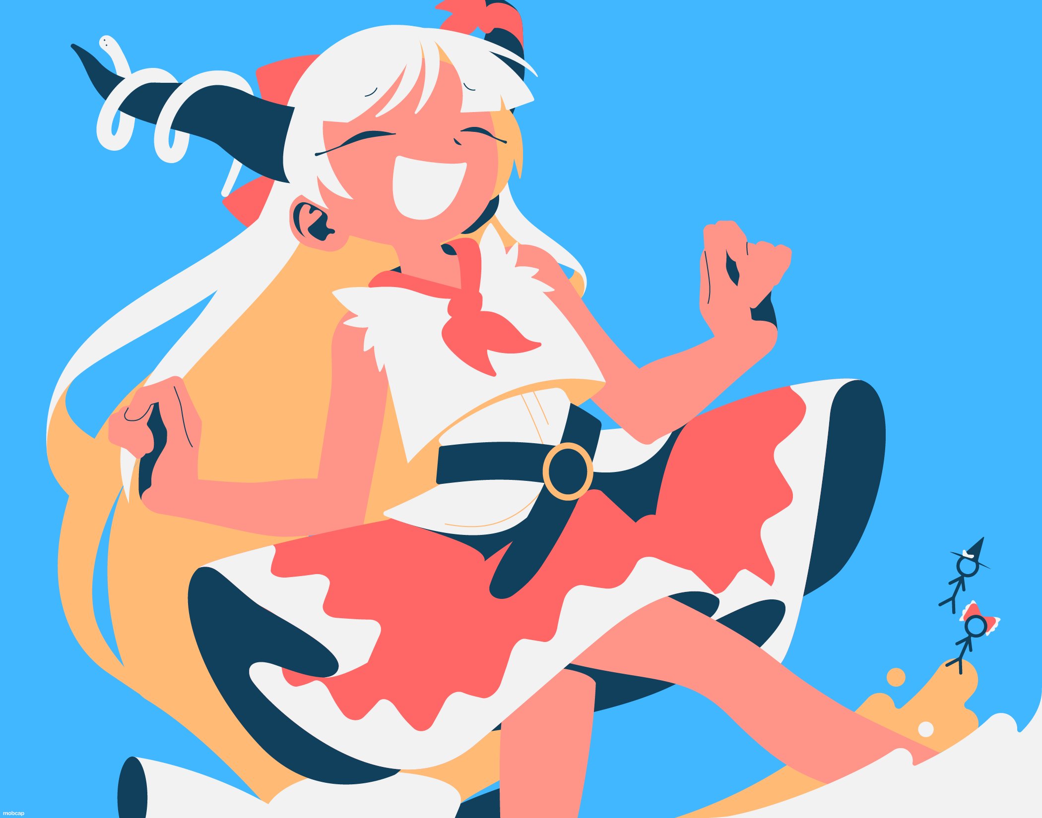 mobcap, hakurei reimu, ibuki suika, kirisame marisa, touhou, highres, 3girls, belt, blonde hair, blue background, bow, closed eyes, colored inner hair, flat color, hair bow, horn ornament, horn ribbon, horns, long hair, minimalism, multicolored hair, multiple girls, no lineart, oni, open mouth, red bow, red ribbon, ribbon, shirt, simple background, sleeveless, snake, stick figure, white hair, white shirt
