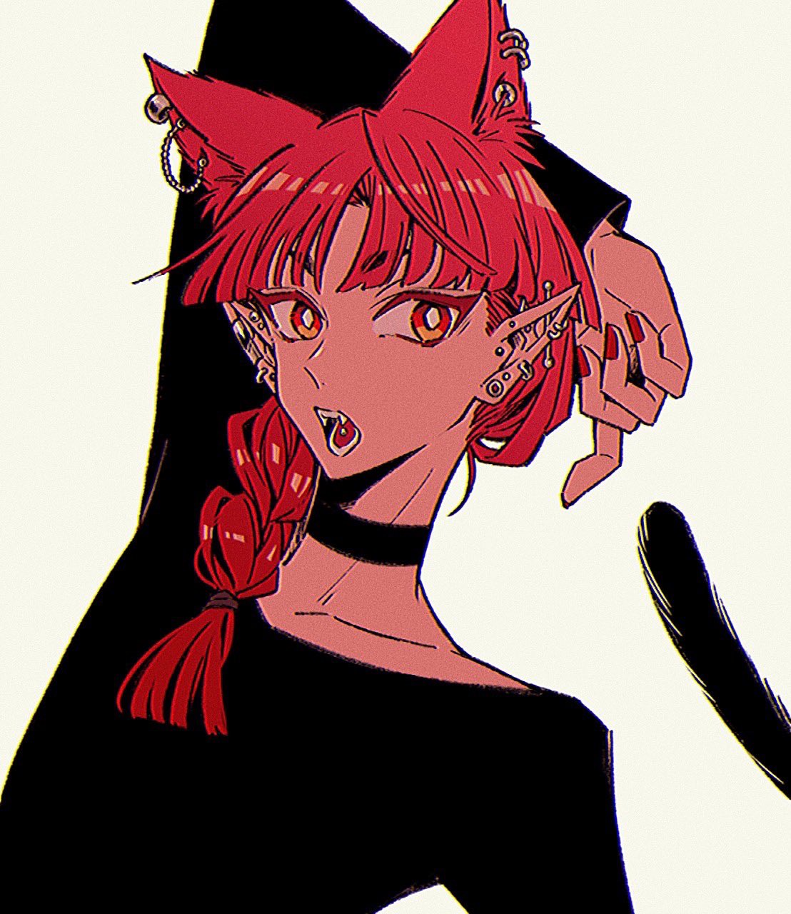 tochiko (spi), opera (iruma-kun), mairimashita! iruma-kun, highres, 1other, animal ears, black choker, black shirt, braid, bright pupils, cat ears, cat tail, choker, colored eyelashes, ear piercing, earrings, extra ears, fangs, jewelry, long sleeves, looking at viewer, medium hair, nail polish, open mouth, other focus, piercing, pointy ears, red eyes, red hair, red nails, shirt, simple background, solo, tail, tongue piercing, upper body, white background, white pupils