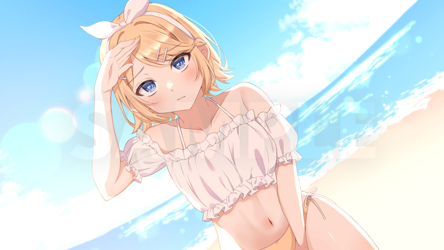 kam ezmr, kagamine rin, vocaloid, variant set, 1girl, :/, arm up, beach, bikini, bikini bottom only, blonde hair, blue eyes, blush, bow, breasts, cropped shirt, frown, furrowed brow, hair bow, hair ornament, hairband, hairclip, ocean, off-shoulder shirt, off shoulder, sand, shading eyes, shirt, short hair, small breasts, solo, swept bangs, swimsuit, water, white background, white hairband, white shirt, yellow bikini