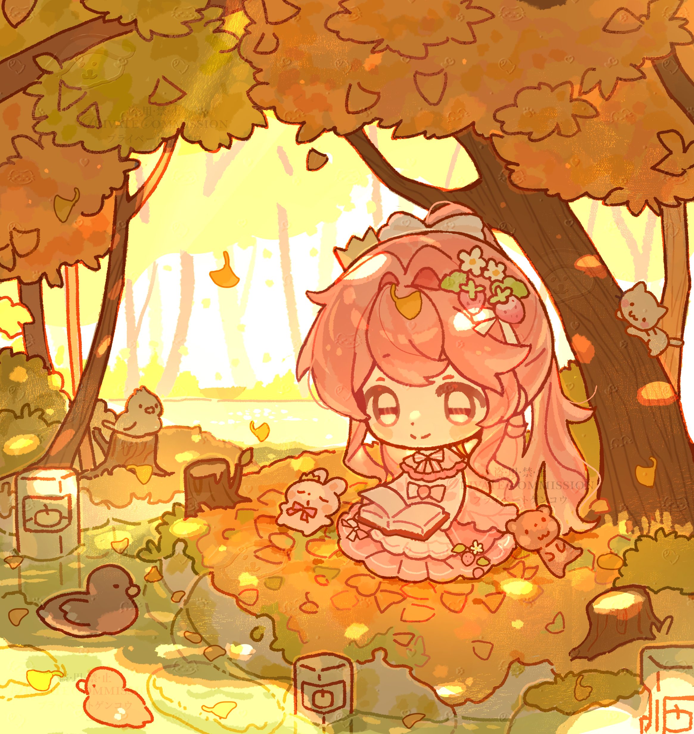 original, absurdres, highres, 1girl, autumn, autumn leaves, bai yang zi, bird, blush stickers, book, bow, bowtie, cat, chibi, chibi only, closed mouth, crown, day, dress, duck, full body, hair bow, holding, holding book, leaf, long hair, long sleeves, open book, outdoors, pink bow, pink bowtie, pink dress, pink eyes, pink hair, rabbit, sitting, smile, solo, tree, white bow