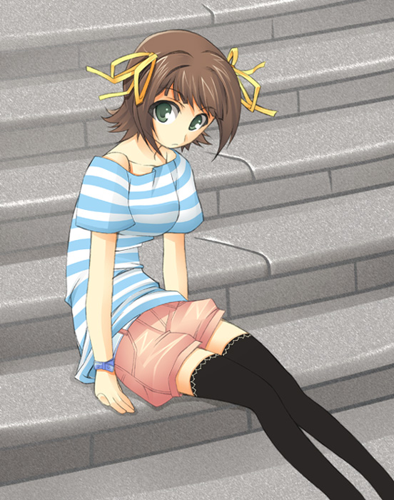 takamura kazuha, striped, tagme, 1girl, black thighhighs, breasts, brown hair, female focus, looking at viewer, shorts, sitting, solo, thighhighs