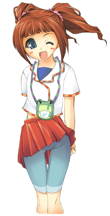 takamura kazuha, takatsuki yayoi, idolmaster, idolmaster (classic), tagme, 00s, 1girl, female focus, one eye closed, simple background, solo, standing, white background