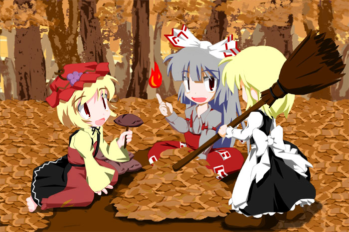 aki minoriko, fujiwara no mokou, kirisame marisa, touhou, 3girls, barefoot, blonde hair, dress, female focus, forest, hat, multiple girls, nature, outdoors, plant, red eyes