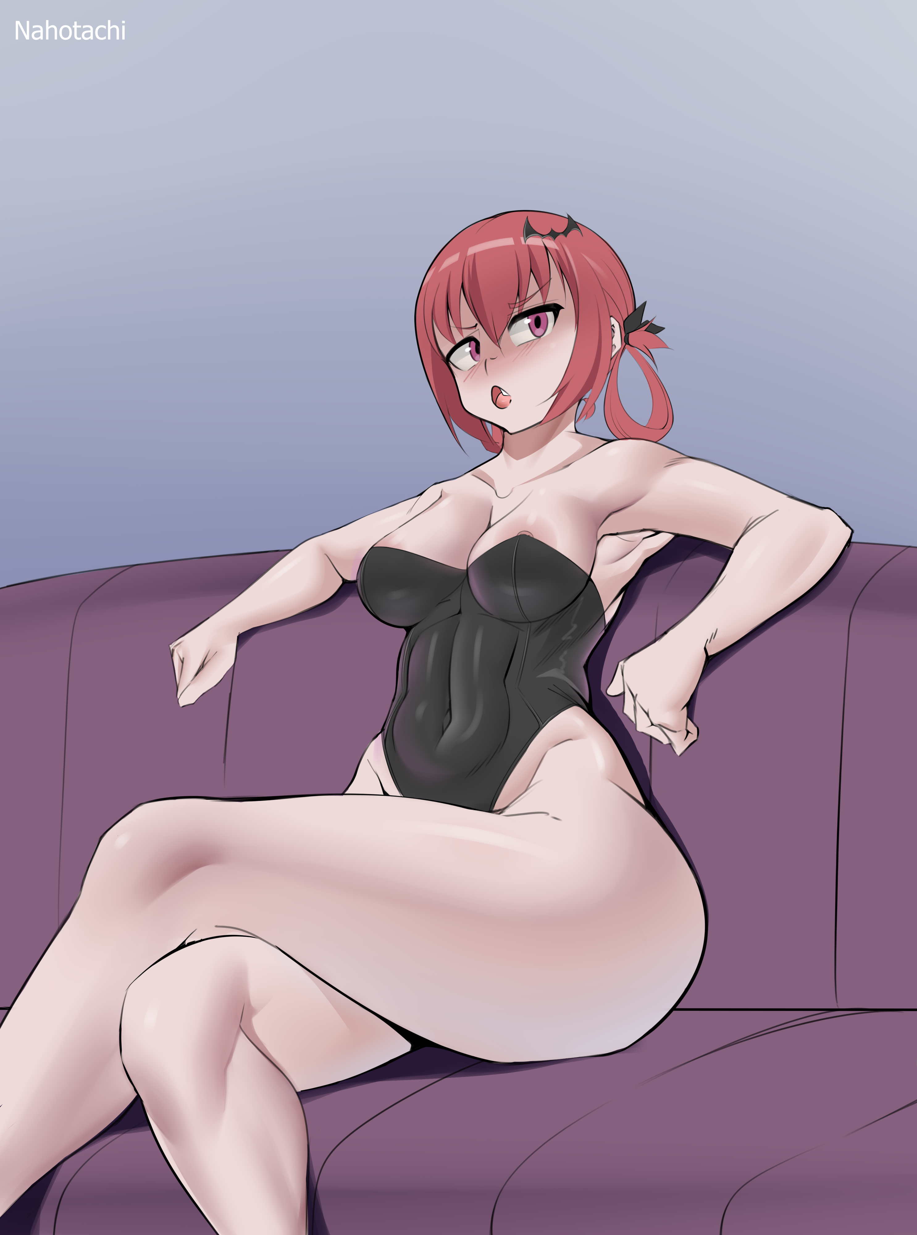 nahotachi, satanichia kurumizawa mcdowell, gabriel dropout, 1girl, armpits, bat hair ornament, blush, breasts, crossed legs, hair ornament, looking at viewer, nipples, open mouth, pink eyes, purple eyes, red hair, sitting, thick thighs, thighs, wide hips