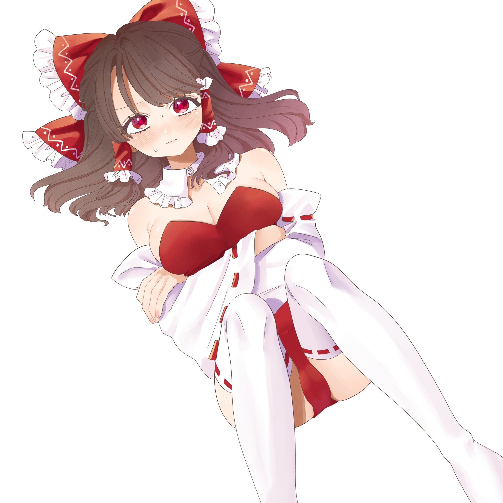 oya (pixiv 102980809), hakurei reimu, touhou, commentary request, highres, 1girl, alternate costume, arms under breasts, bow, breasts, brown hair, cleavage, closed mouth, crossed arms, detached collar, detached sleeves, frilled bow, frilled hair tubes, frills, hair bow, hair tubes, large breasts, leotard, long hair, looking at viewer, red bow, red eyes, red leotard, ribbon-trimmed sleeves, ribbon-trimmed thighhighs, ribbon trim, simple background, strapless, strapless leotard, sweatdrop, thighhighs, white background, white thighhighs
