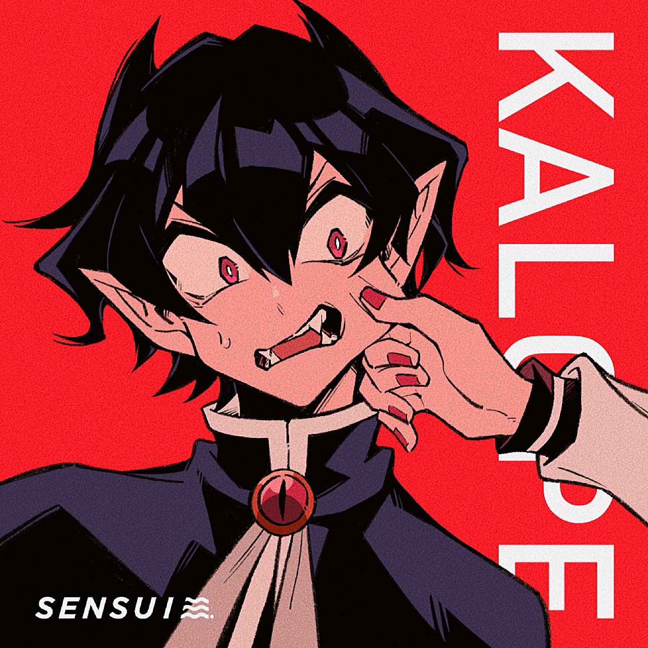 tochiko (spi), naberius kalego, opera (iruma-kun), mairimashita! iruma-kun, highres, 1boy, 1other, black hair, brooch, character name, cheek pinching, fangs, hair between eyes, jewelry, looking to the side, male focus, nail polish, open mouth, pinching, pointy ears, red background, red eyes, red nails, school uniform, short hair, simple background, solo focus, upper body