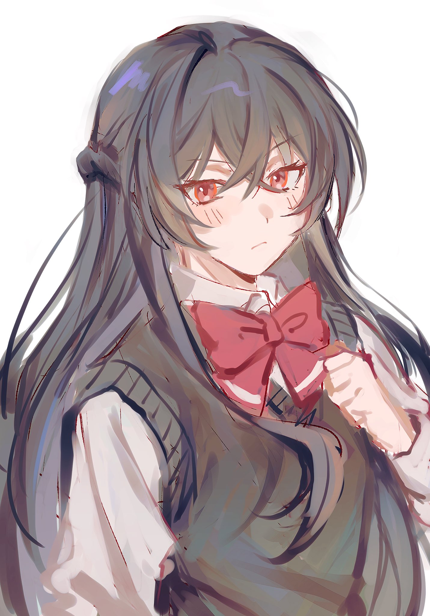 elan ouo, koto satsuki, watashi ga koibito ni nareru wake naijan murimuri!, highres, 1girl, ashigaya high school uniform, black hair, blush, bow, bowtie, braid, crossed bangs, hair between eyes, half up braid, long hair, red bow, red bowtie, red eyes, school uniform, shirt, solo, white shirt