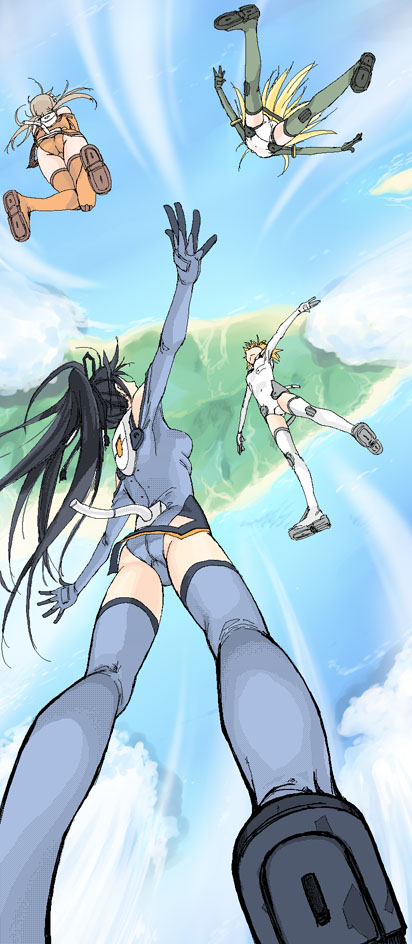 satou atsuki, elise von dietrich, ichijou eika, sakurano otoha, sonomiya karen, sky girls, grey legwear, 00s, 4girls, ass, black gloves, blue boots, blue thighhighs, boots, brown hair, elbow gloves, flying, from behind, full body, gloves, green boots, grey boots, island, leotard, long sleeves, mecha pilot suit, motion slit, motionslit, multiple girls, orange boots, outdoors, outstretched arms, shoe soles, short hair, thigh boots, thighhighs, water