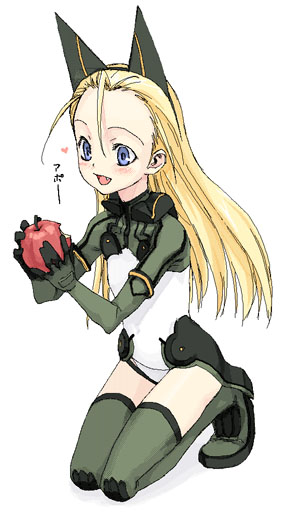 satou atsuki, elise von dietrich, sky girls, pilot suit, 00s, 1girl, :d, ahoge, animal ears, apple, bitten apple, blonde hair, blue eyes, blush, boots, fake animal ears, fang, female focus, flat chest, food, food bite, from side, fruit, full body, gloves, green boots, green thighhighs, hairband, happy, headgear, heart, holding, holding food, holding fruit, kneeling, leotard, long hair, mecha pilot suit, motion slit, motionslit, open mouth, simple background, smile, solo, thigh boots, thighhighs, turtleneck