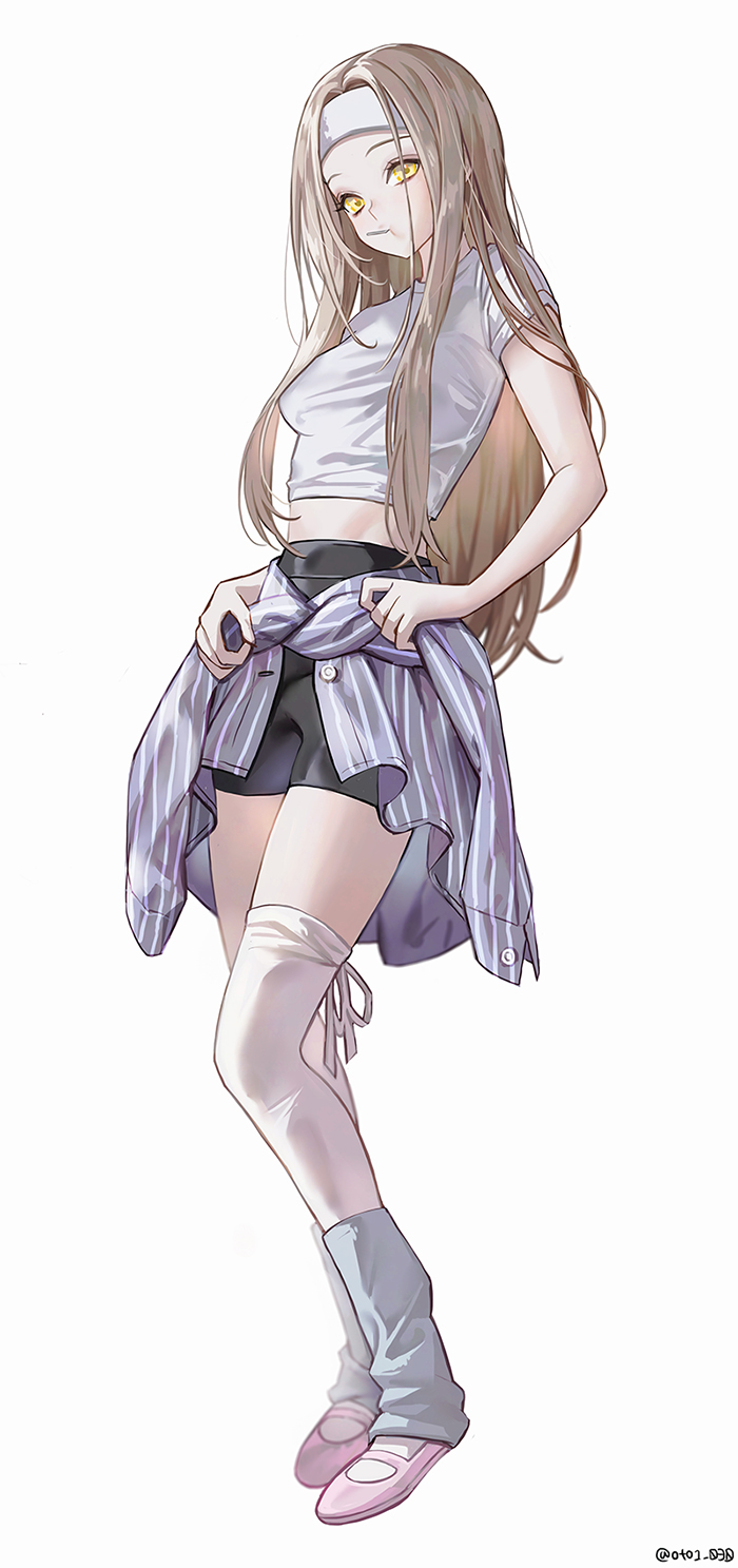 oto1 030, original, highres, 1girl, black shorts, blonde hair, blue leg warmers, breasts, full body, headband, leg warmers, looking at viewer, medium breasts, midriff, mouth hold, pink shoes, shirt, shoes, short sleeves, shorts, simple background, solo, thighhighs, twitter username, white background, white headband, white shirt, white thighhighs, yellow eyes