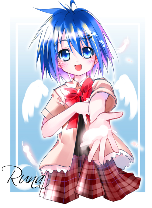 sho (runatic moon), original, 1girl, :d, angel wings, blue eyes, blue hair, bow, bowtie, female focus, looking at viewer, matching hair/eyes, open mouth, plaid clothes, plaid skirt, pleated skirt, red bow, red bowtie, red skirt, school uniform, serafuku, shirt, short hair, skirt, smile, solo, white shirt, wings