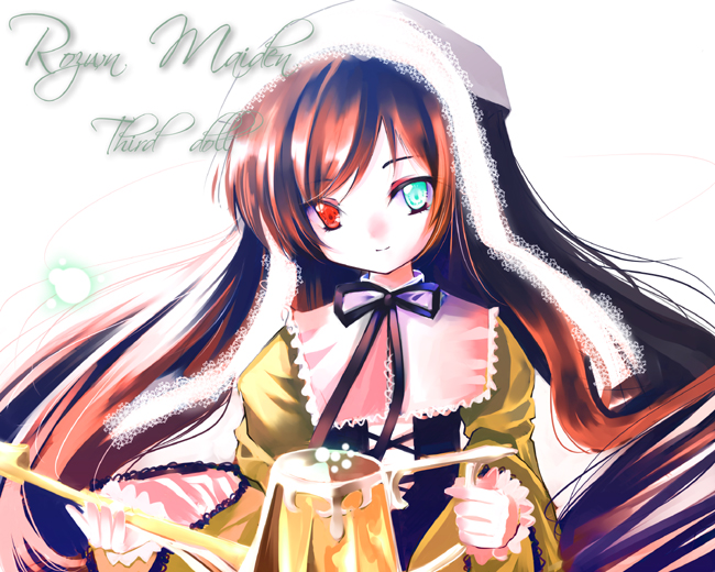 sho (runatic moon), suiseiseki, rozen maiden, 00s, 1girl, brown hair, closed mouth, dress, female focus, green dress, green eyes, head tilt, headscarf, heterochromia, layered dress, long hair, long sleeves, looking at viewer, red eyes, simple background, smile, solo, upper body, very long hair, white background, white headscarf