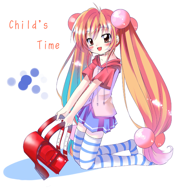 sho (runatic moon), kokonoe rin, kodomo no jikan, 00s, 1girl, backpack, bag, child, copyright name, female focus, hair bobbles, hair ornament, kneeling, long hair, randoseru, solo, striped clothes, striped thighhighs, thighhighs, twintails, zettai ryouiki