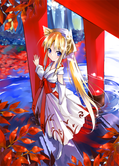 sho (runatic moon), original, 1girl, animal ears, autumn leaves, blonde hair, blue eyes, female focus, fox, fox ears, hakama, hakama skirt, japanese clothes, leaf, long hair, looking at viewer, miko, mitsudomoe (shape), ponytail, red hakama, skirt, solo, standing, tabi, tomoe (symbol), torii, water