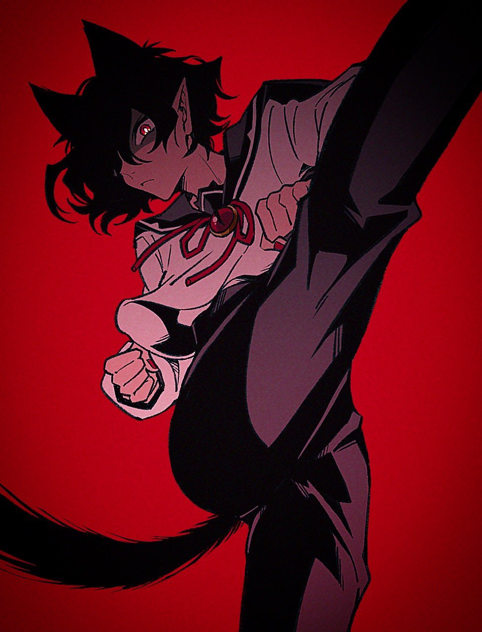 tochiko (spi), opera (iruma-kun), mairimashita! iruma-kun, highres, 1other, animal ears, black hair, black pants, black sailor collar, brooch, cat ears, cat tail, cowboy shot, extra ears, incoming attack, jewelry, leg up, long sleeves, looking at viewer, one eye covered, other focus, pants, pointy ears, red background, red eyes, sailor collar, school uniform, serafuku, shaded face, shirt, short hair, simple background, solo, tail, white shirt