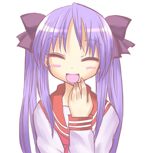 hane (hanegoya), hiiragi kagami, lucky star, tagme, 00s, 1girl, female focus, school uniform, simple background, smile, solo, upper body, white background