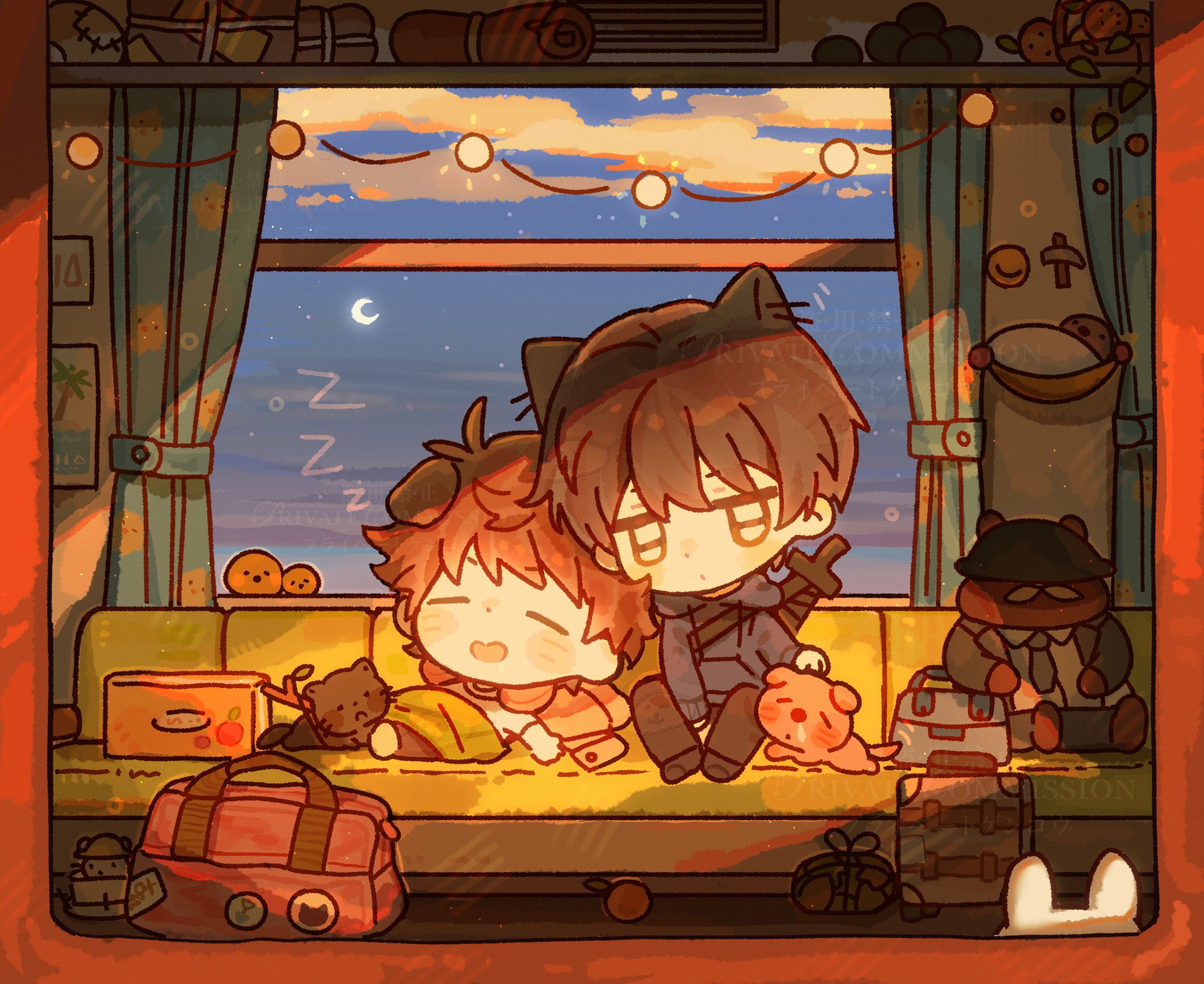original, highres, 2boys, animal, animal ears, antenna hair, bag, bai yang zi, black hoodie, black pants, black shoes, blush stickers, brown hair, cat, cat boy, cat ears, chibi, chibi only, closed eyes, closed mouth, cloud, couch, curtains, dog, dog boy, dog ears, hood, hood down, hoodie, indoors, long sleeves, lying, male focus, multiple boys, on back, open mouth, orange hair, pants, shoes, short hair, sitting, sleeping, under covers, zzz