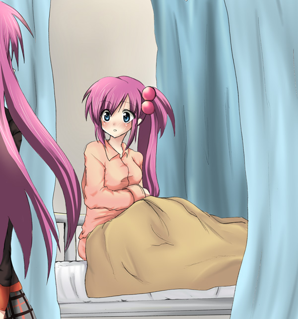 masayu, 2girls, bed, blanket, blue eyes, blush, hospital, hospital bed, indoors, long hair, multiple girls, pink hair, side ponytail