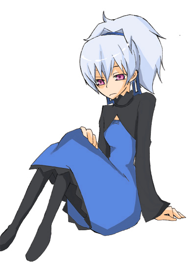 yin (darker than black), darker than black, silver hair, 00s, dress, frown, hair ribbon, long hair, pantyhose, ponytail, purple eyes, ribbon