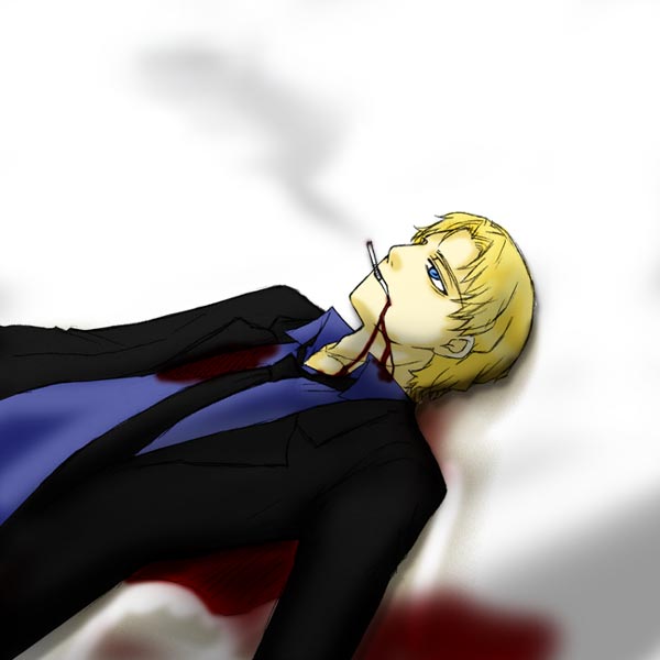 november 11 (darker than black), darker than black, 00s, 1boy, blonde hair, blood, blue eyes, cigarette, lying, male focus, smoking, solo