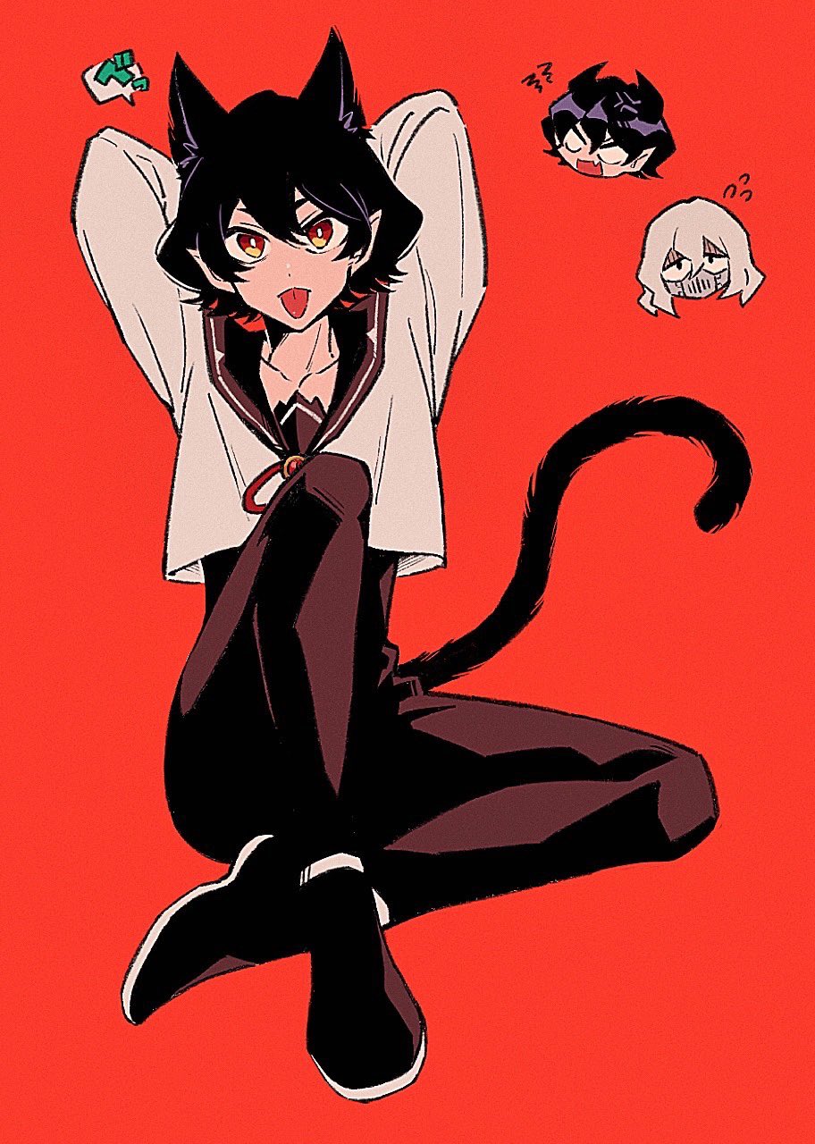 tochiko (spi), balam shichirou, naberius kalego, opera (iruma-kun), mairimashita! iruma-kun, highres, 1other, 2boys, anger vein, animal ears, arms behind head, black hair, black pants, black sailor collar, black shoes, brooch, cat ears, cat tail, chibi, chibi inset, extra ears, high-waist pants, jewelry, long sleeves, looking at viewer, mask, multiple boys, other focus, pants, pointy ears, red background, red eyes, red ribbon, ribbon, sailor collar, school uniform, serafuku, shirt, shoes, short hair, simple background, sitting, solo focus, tail, tongue, tongue out, white shirt