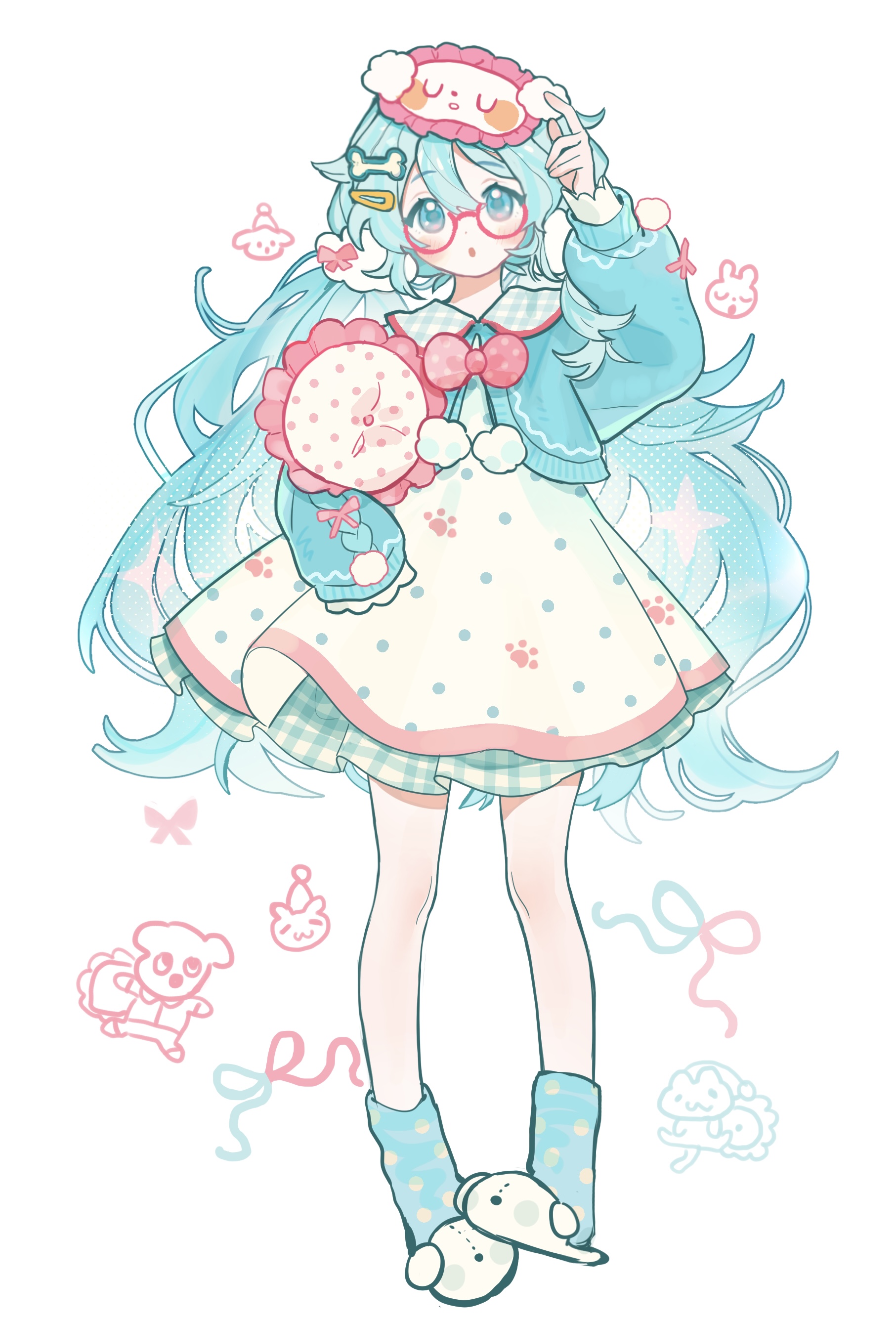hatsune miku, vocaloid, absurdres, highres, 1girl, :o, bai yang zi, blue cardigan, blue eyes, blue hair, blue socks, blush, bow, bowtie, cardigan, double-parted bangs, dress, full body, glasses, hair between eyes, long hair, long sleeves, open cardigan, open clothes, open mouth, polka dot, polka dot socks, red-framed eyewear, red bow, red bowtie, round eyewear, simple background, sleep mask, slippers, socks, solo, standing, white background, white dress, white slippers
