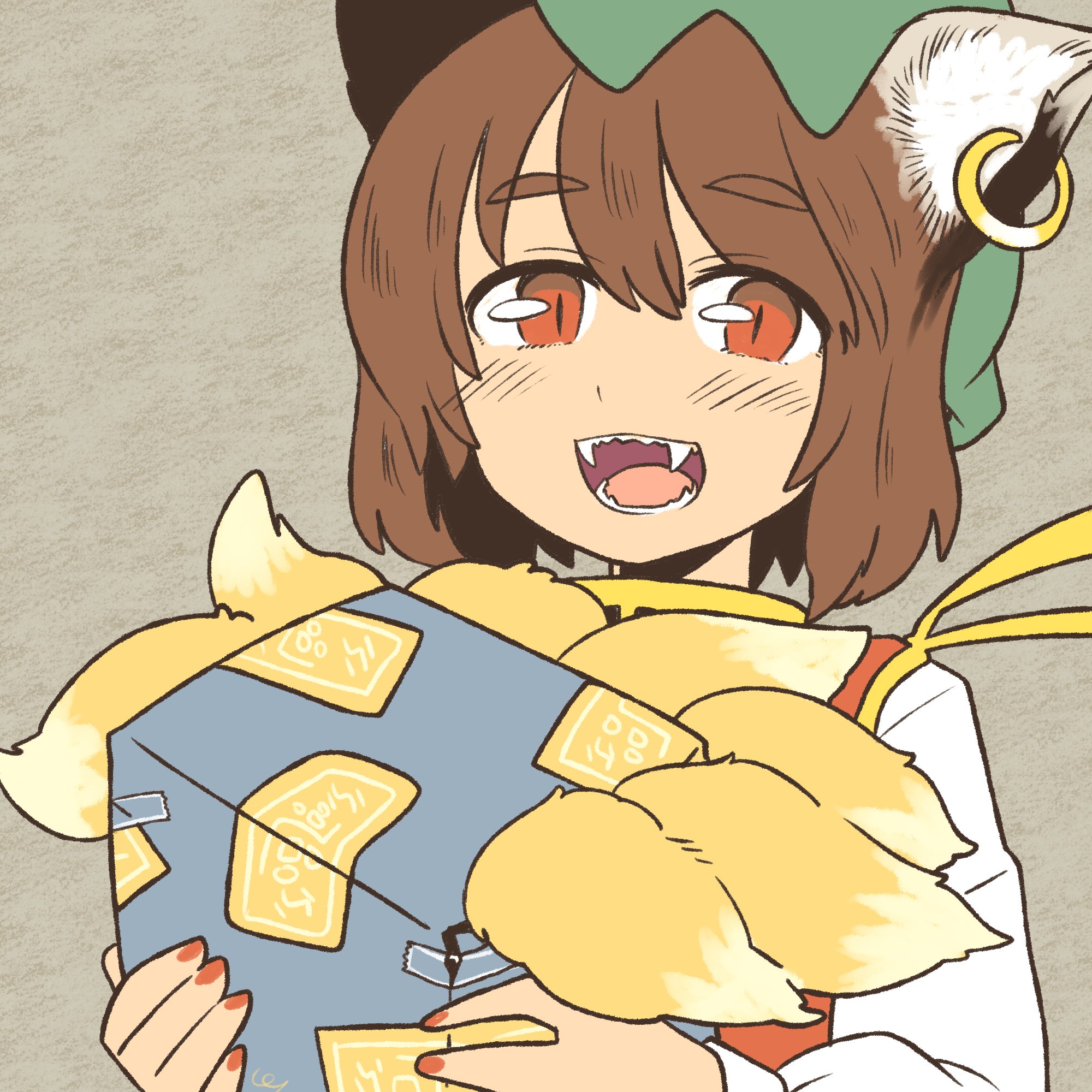 pmx, chen, yakumo ran, touhou, highres, animal ear fluff, animal ears, box, brown eyes, brown hair, cat ears, fangs, fox tail, gold trim, green hat, hat, mob cap, multiple tails, sharp teeth, short hair, slit pupils, solo focus, tail, teeth, white fur