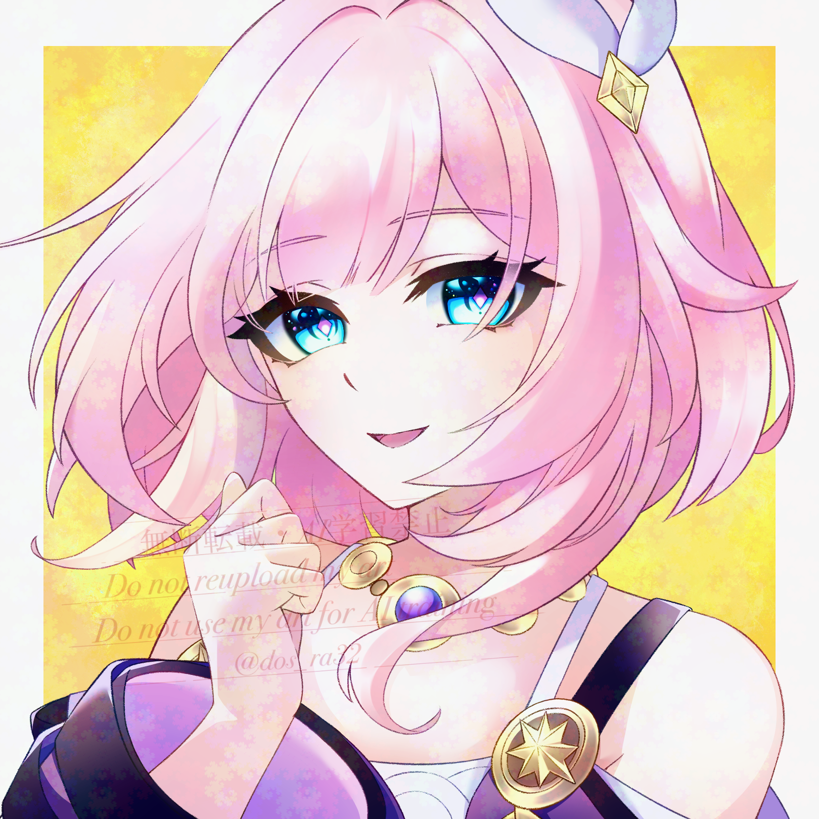 cyrene (honkai: star rail), honkai: star rail, honkai (series), commentary request, highres, 1girl, bare shoulders, blue eyes, border, coat, dos ra32, dress, hair ornament, looking at viewer, multicolored hair, neck, pink hair, purple coat, short hair, smile, solo, two-tone hair, upper body, white border, white dress, white hair, yellow background