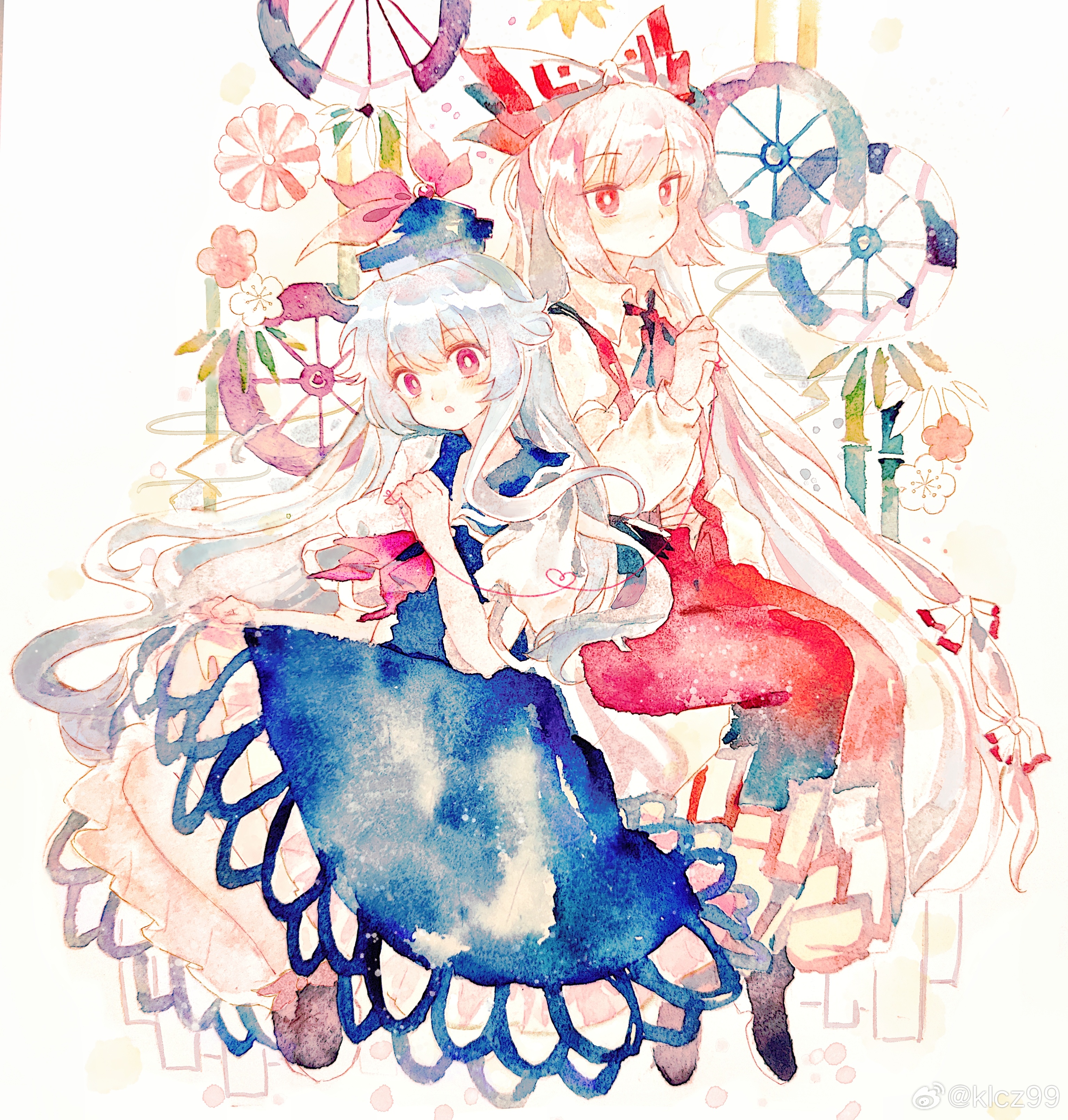 youshouhaoxianzhe, fujiwara no mokou, kamishirasawa keine, touhou, absurdres, highres, 2girls, blue dress, blue hat, bright pupils, closed mouth, dress, full body, grey hair, hand up, hat, long hair, long sleeves, multiple girls, pants, parted lips, puffy short sleeves, puffy sleeves, red eyes, red pants, shirt, short sleeves, suspender pants, very long hair, weibo username, white pupils, white shirt