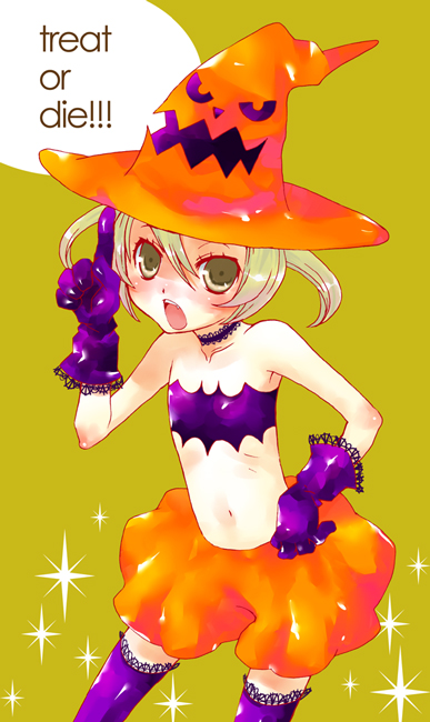 lace-trimmed legwear, tagme, 1girl, female focus, gloves, halloween, hat, lace, lace-trimmed gloves, lace trim, midriff, purple gloves, purple thighhighs, solo, thighhighs, witch hat