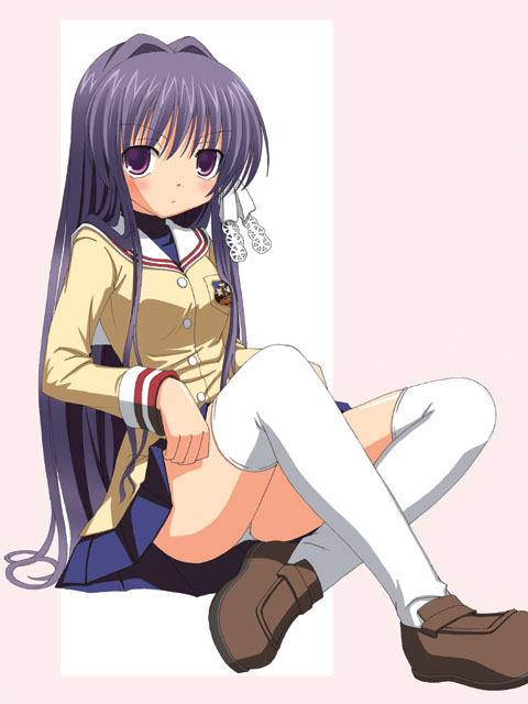 aikawa touma, fujibayashi kyou, clannad, 00s, clothes lift, long hair, panties, pantyshot, purple eyes, purple hair, school uniform, serafuku, shoes, sitting, skirt, skirt lift, solo, thighhighs, underwear