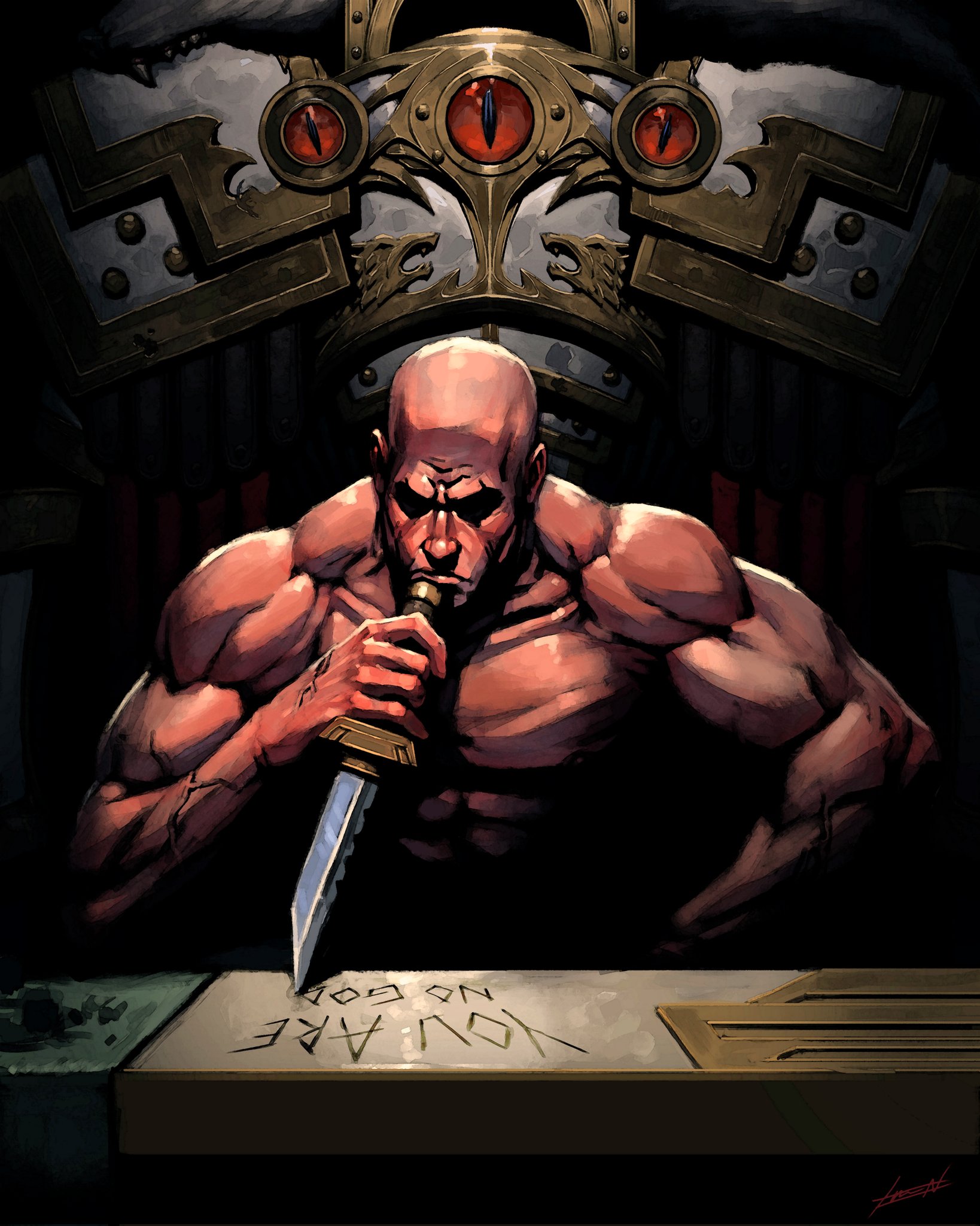 horus lupercal, warhammer 40k, commentary, english commentary, highres, 1boy, abs, armor, bald, breastplate, carving, closed mouth, dark, dark background, english text, eyes of horus (warhammer 40k), holding, holding knife, knife, lowerychevron, male focus, muscular, muscular male, no armor, no shirt, ornate armor, pauldrons, pelt, power armor, primarch, serious, shaded face, shoulder armor, signature, sons of horus, table, thinking, topless male, upper body, veins, veiny arms, white armor, wolf ornament