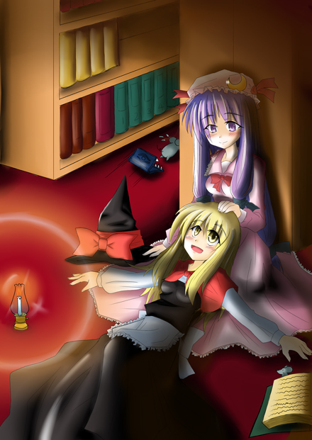 kirisame marisa, patchouli knowledge, touhou, 2girls, blonde hair, book, female focus, hat, long hair, mouse (animal), multiple girls, purple eyes, purple hair, witch, witch hat, yellow eyes