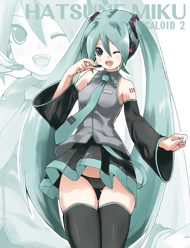 date (senpen), hatsune miku, vocaloid, 1girl, aqua hair, aqua necktie, black panties, black thighhighs, blouse, blue hair, character name, collared shirt, copyright name, detached sleeves, female focus, grey shirt, hair between eyes, headset, long hair, necktie, number tattoo, one eye closed, panties, pantyshot, shirt, shoulder tattoo, skindentation, skirt, sleeveless, sleeveless shirt, solo, tattoo, thighhighs, twintails, underwear, upskirt, very long hair, wink, zettai ryouiki, zoom layer