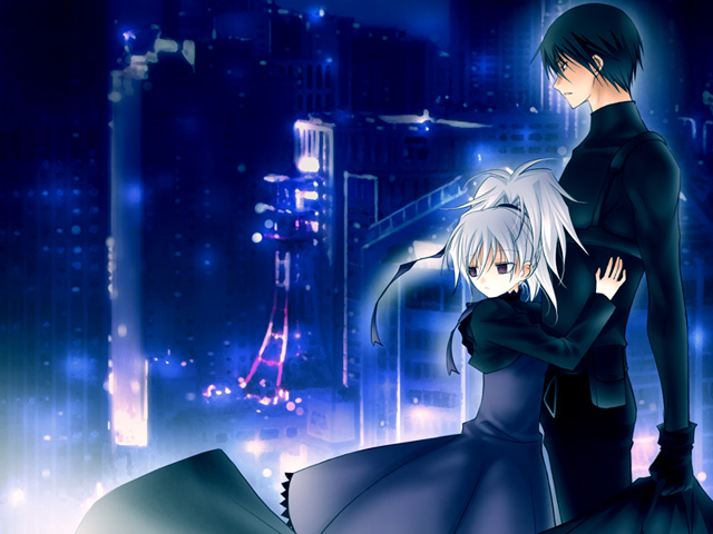 vanilla (artist), vanilla (nicolla), hei (darker than black), yin (darker than black), darker than black, silver hair, 00s, 1boy, 1girl, black eyes, black hair, city, gloves, ponytail, purple eyes