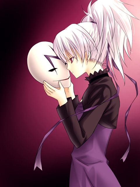 vanilla (artist), vanilla (nicolla), yin (darker than black), darker than black, 00s, 1girl, dress, female focus, from side, gradient background, holding, kiss, long sleeves, mask, ponytail, profile, purple dress, red eyes, simple background, solo, upper body