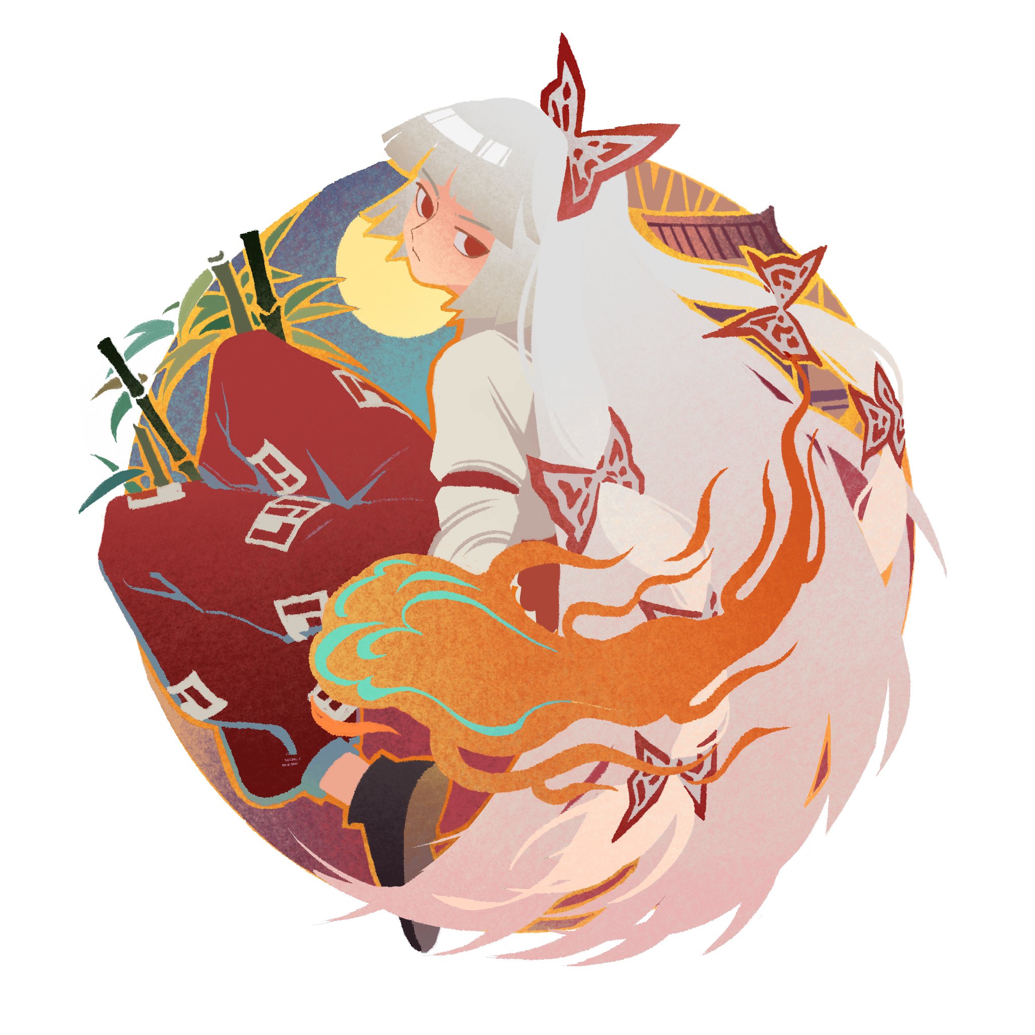 chenwei jun, fujiwara no mokou, touhou, chinese commentary, commentary request, highres, 1girl, bamboo, bamboo forest, black shoes, blunt bangs, bow, eientei, expressionless, fire, forest, full moon, long hair, looking at viewer, moon, nature, night, night sky, ofuda, ofuda on clothes, red eyes, shirt, shoes, sky, solo, suspender pants, very long hair, white background, white bow, white hair, white shirt