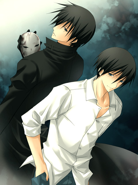 vanilla (artist), vanilla (nicolla), hei (darker than black), darker than black, 00s, 1boy, back-to-back, backlighting, black coat, black gloves, blush, breast pocket, buttons, closed mouth, coat, collared shirt, cowboy shot, denim, dress shirt, dual persona, gloves, green eyes, half-closed eyes, hand in pocket, holding, holding mask, jeans, long sleeves, looking at viewer, looking back, male focus, mask, pants, parted lips, pocket, shirt, short hair, sleeves pushed up, smile, wing collar