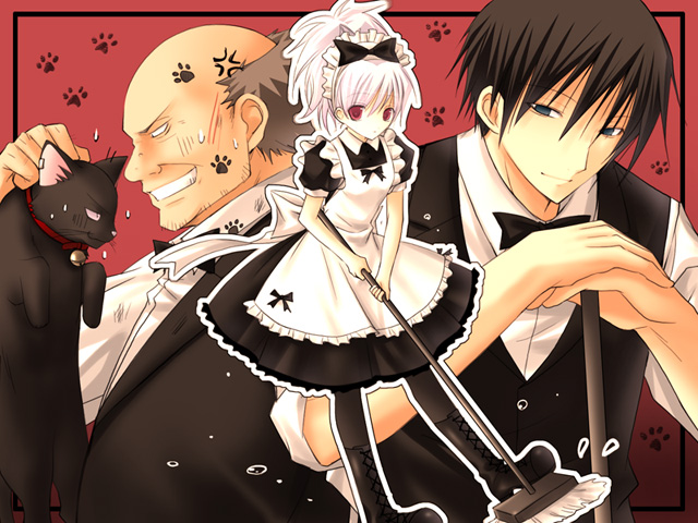 vanilla (artist), vanilla (nicolla), hei (darker than black), huang (darker than black), mao (darker than black), yin (darker than black), darker than black, 00s, 1girl, 2boys, black cat, broom, cat, maid, multiple boys, pantyhose