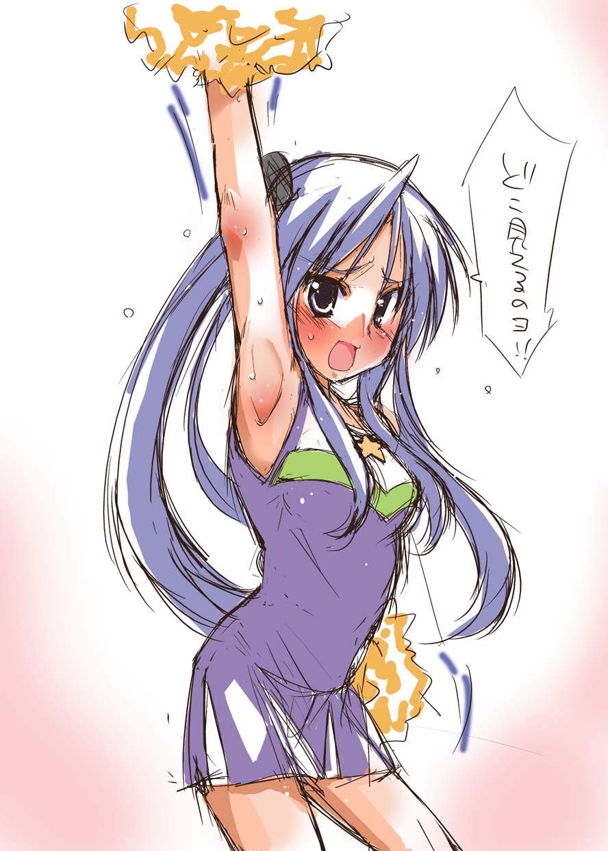 kazahana chiruwo, hiiragi kagami, lucky star, highres, translated, 00s, armpits, blush, cheerleader, embarrassed, long hair, pom pom (cheerleading), purple hair, sketch, solo, sweat, tsurime, twintails, very long hair