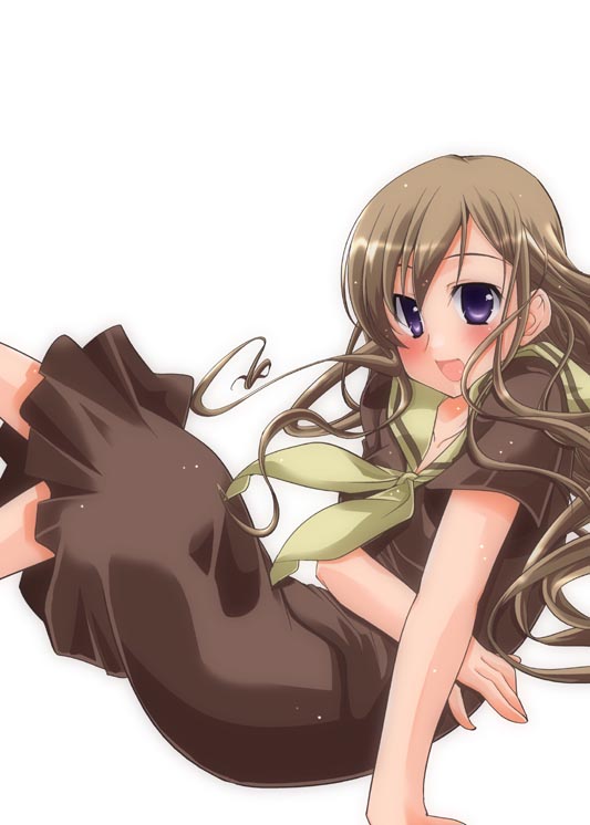 kazahana chiruwo, tagme, 1girl, brown hair, female focus, lying, purple eyes, school uniform, simple background, solo, white background