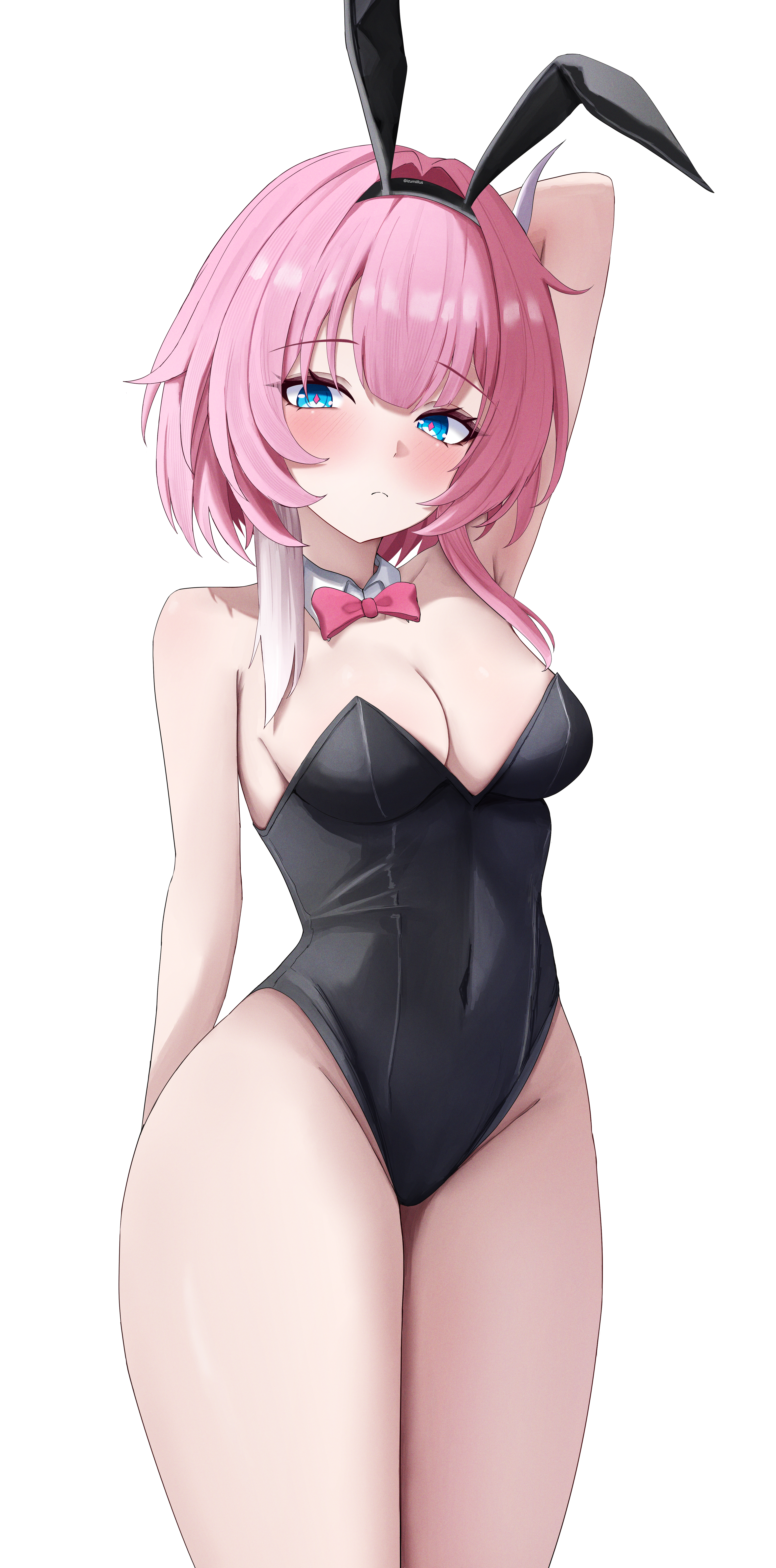 izumiillus, cyrene (honkai: star rail), honkai: star rail, honkai (series), absurdres, commentary request, highres, paid reward available, 1girl, alternate breast size (larger), alternate costume, animal ears, black leotard, blue eyes, bow, bowtie, breasts, cleavage, collar, covered navel, detached collar, fake animal ears, large breasts, leotard, looking at viewer, multicolored hair, pink bow, pink bowtie, pink hair, playboy bunny, rabbit ears, short hair, simple background, solo, thighs, two-tone hair, white background, white collar, white hair
