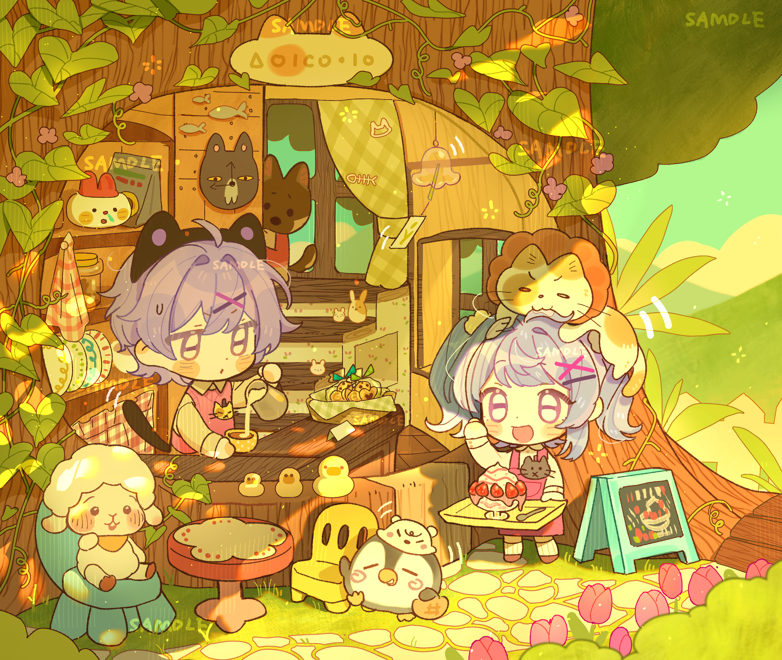 original, absurdres, highres, 1boy, 1girl, :d, :o, animal, animal on head, bai yang zi, blush stickers, brown shoes, chair, chibi, chibi only, collared shirt, cup, day, flower, hair ornament, holding, holding cup, holding tray, large penis, lion, long sleeves, on head, open mouth, outdoors, penis, pink flower, pink tulip, plate, pouring, purple eyes, purple hair, red vest, sample watermark, sheep, shirt, shoes, short hair, sign, sitting, smile, socks, spoon, standing, table, tray, tree, tulip, vest, watermark, white shirt, white socks, x hair ornament