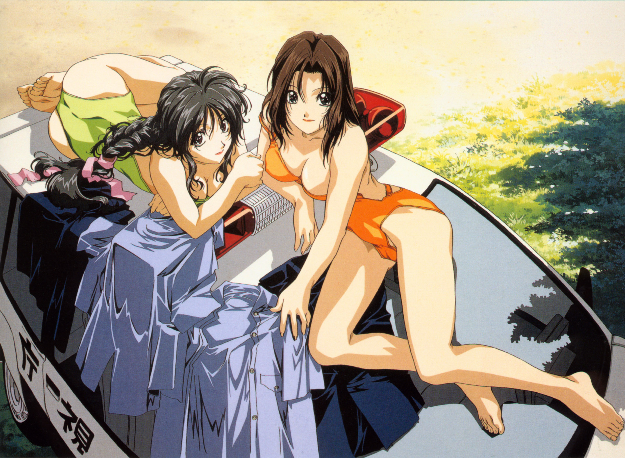kobayakawa miyuki, tsujimoto natsumi, taiho shichauzo, highres, 2girls, barefoot, feet, multiple girls, swimsuit